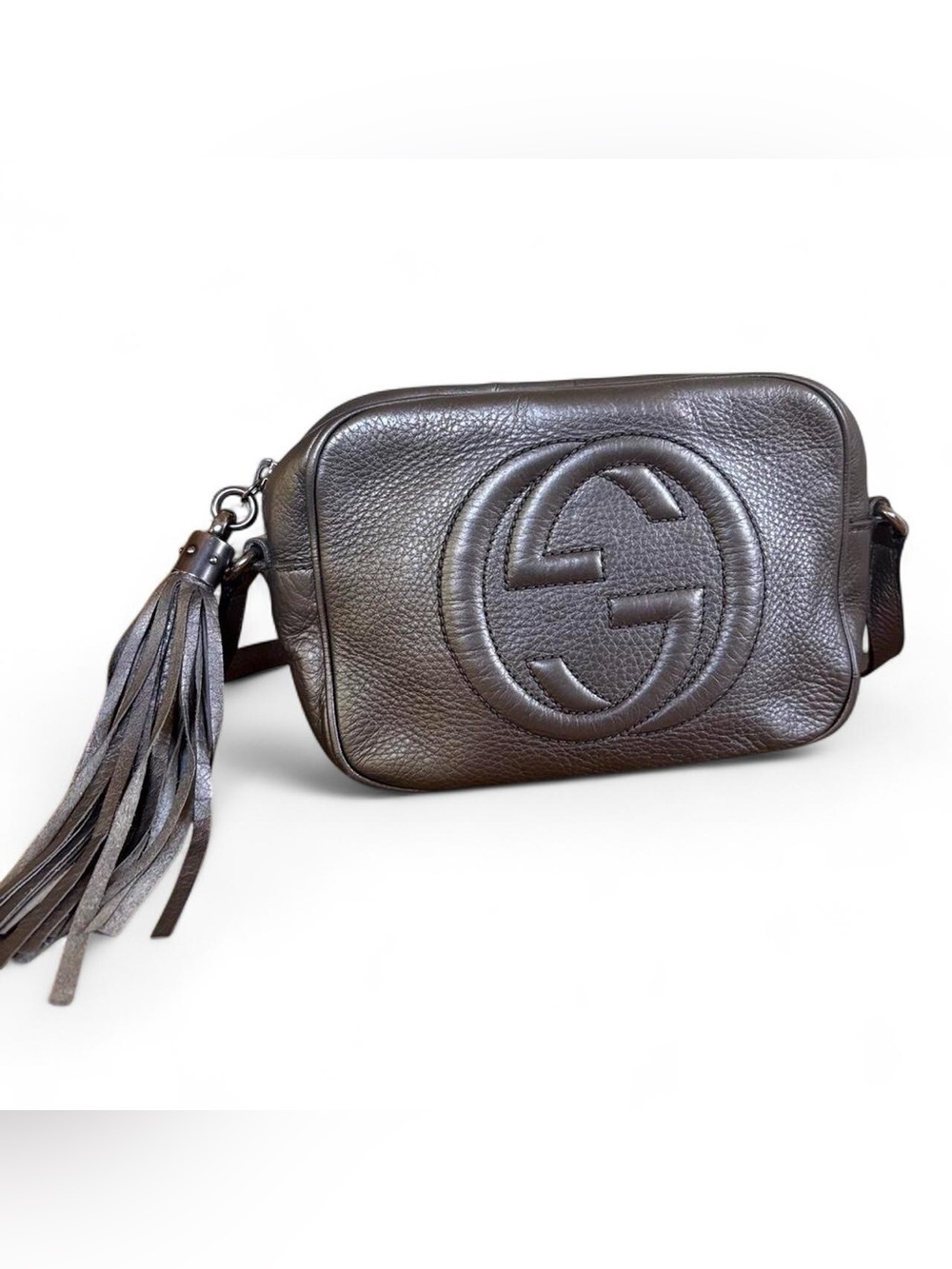 Gucci Metallic Pewter Leather Disco Crossbody with Tassel